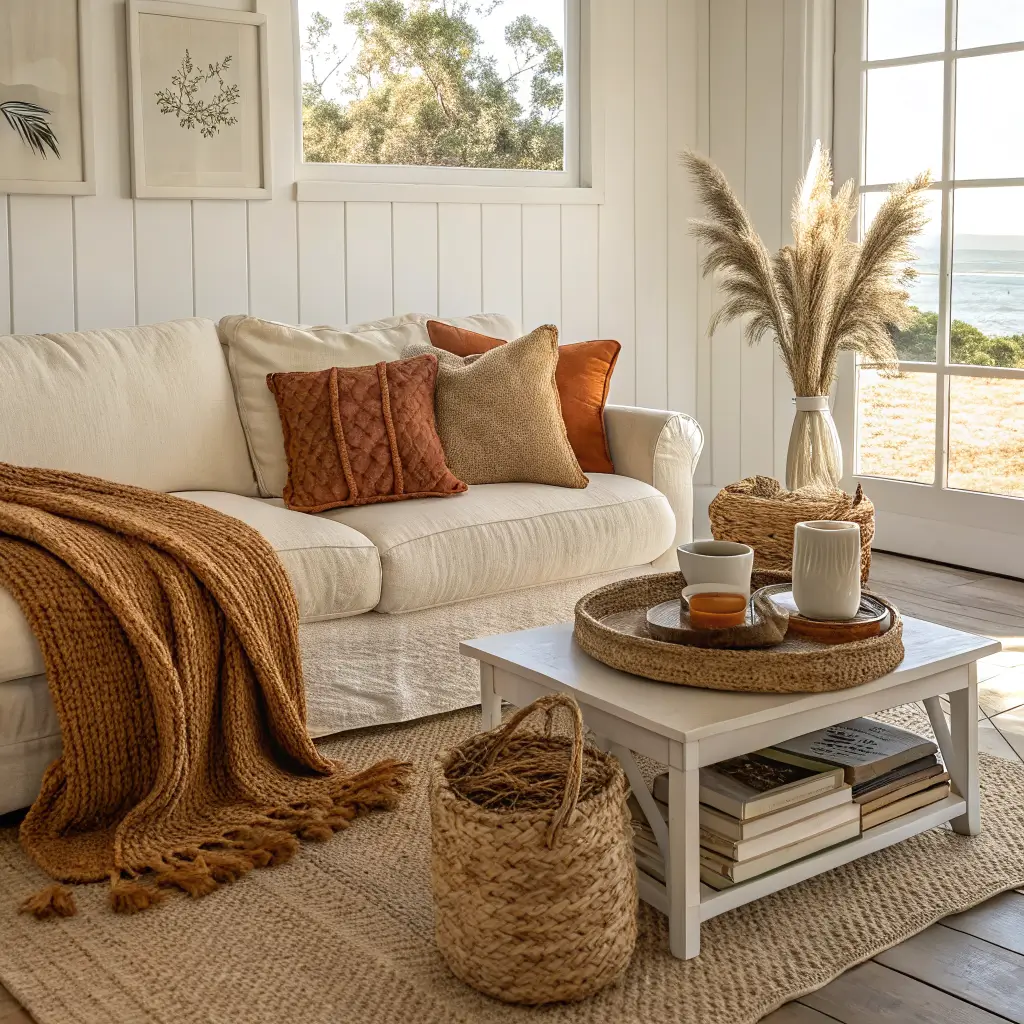 Photorealistic coastal living room styled for autumn with oatmeal linen sofa, jute rug, rust and terracotta pillows, chunky cream knit throw, and a coffee table tray with books, mug, and dried eucalyptus in warm golden light.
