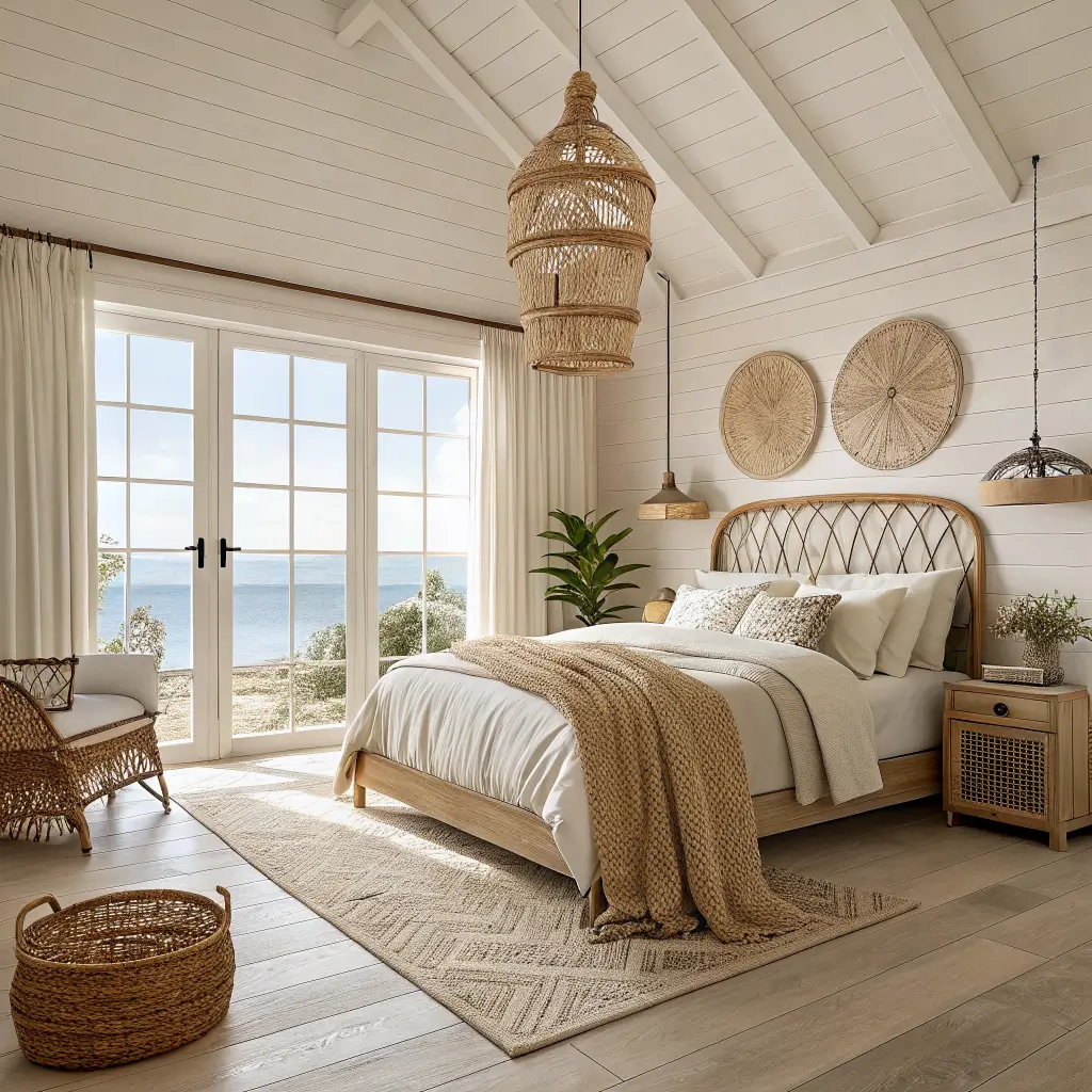 Photorealistic beachy boho bedroom with rattan bed, ivory linen bedding, jute rug, kentia palm, and sunlit linen-sheer windows on warm white walls and white oak floors.