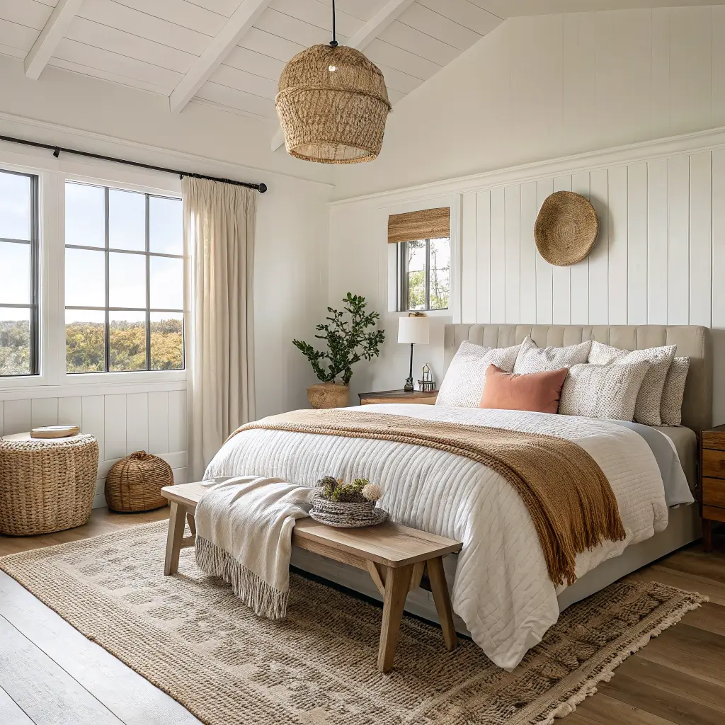 Overhead close-up of a coastal boho bedroom palette flatlay on an oak bench with sand linen, oat wool throw, dusty seafoam pillow, terracotta lumbar pillow, and a stoneware dish of brass rings in warm diffused window light.