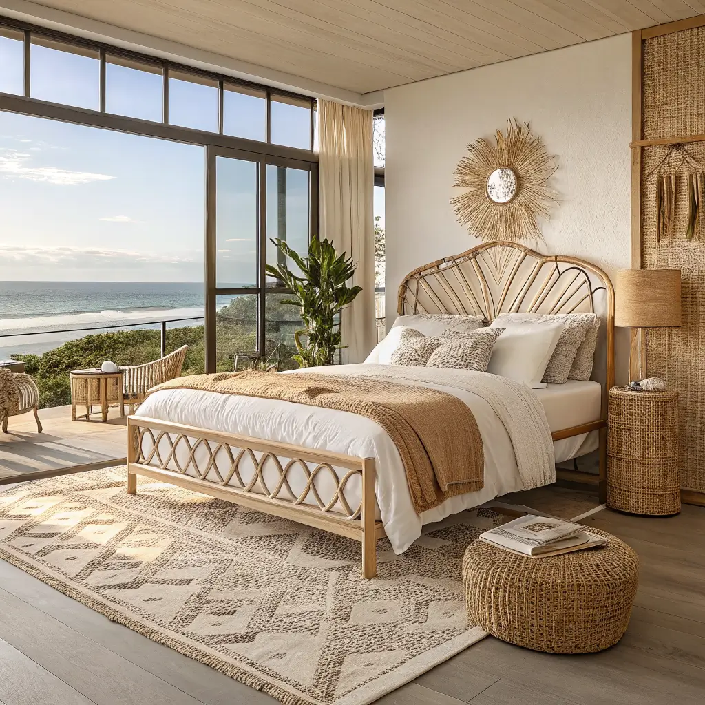 Low three-quarter view of a beachy boho bedroom with a natural rattan spindle queen bed dressed in white linen and terracotta accents, golden hour light through oatmeal curtains, and a jute-wool rug on warm white walls.