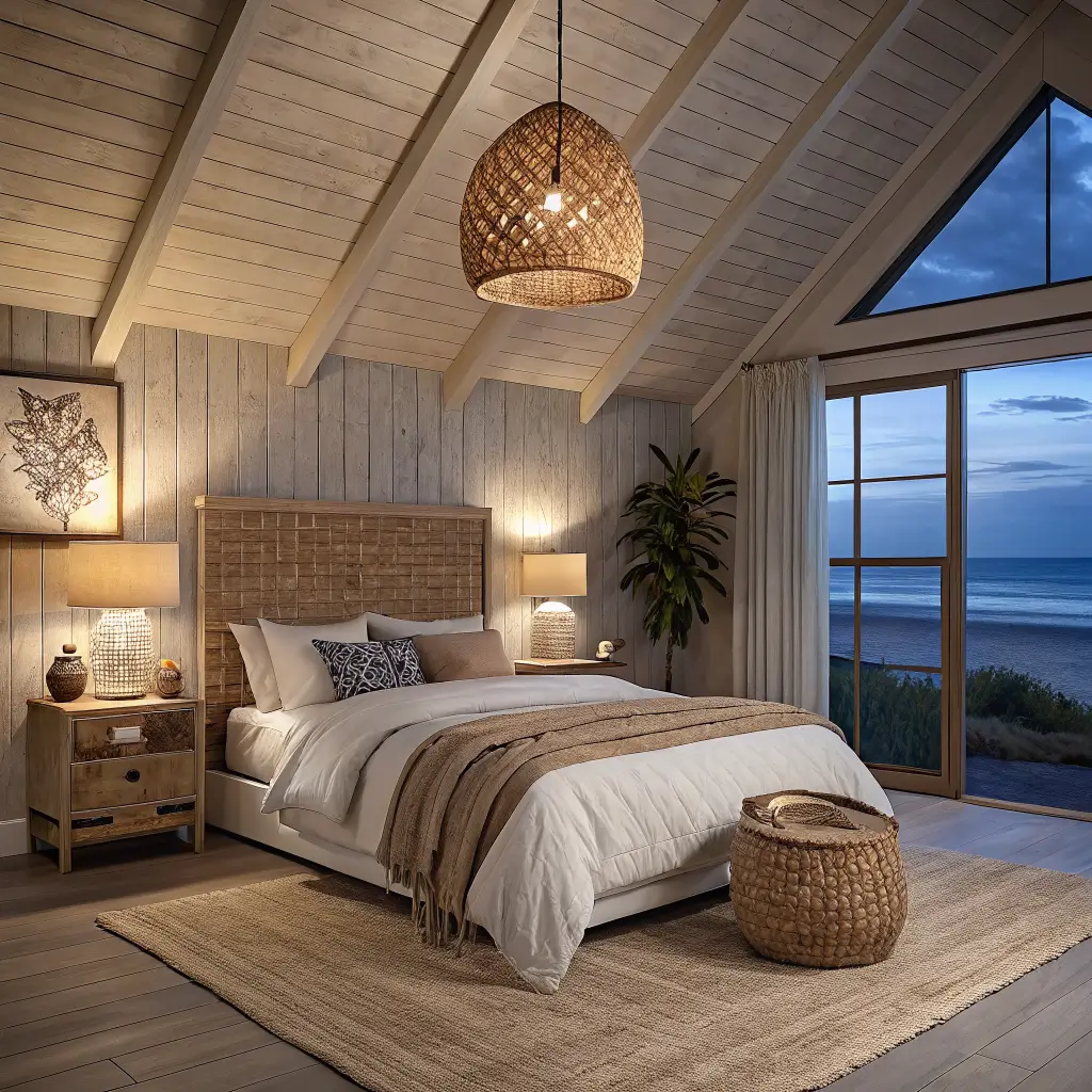 Photorealistic beachy boho bedroom at dusk, symmetrical view of a bed with cane headboard, seagrass pendant and warm lamps, ivory linen bedding, jute rug, and cool blue twilight through layered sheers and bamboo shades.
