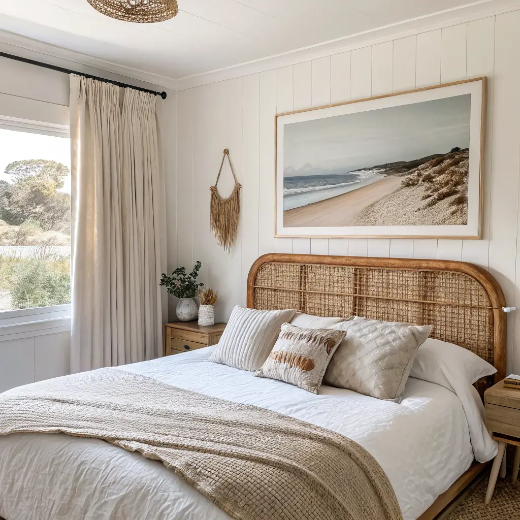 Photorealistic beachy boho bedroom with a cane headboard and an oversized framed dune photograph on a warm white wall in bright mid-morning daylight.