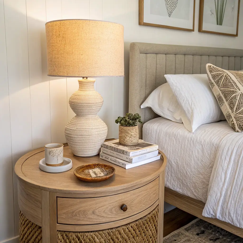 Photorealistic beachy boho nightstand with glowing ceramic lamp, two neutral books, and ring dish beside rattan bed and white linen bedding.