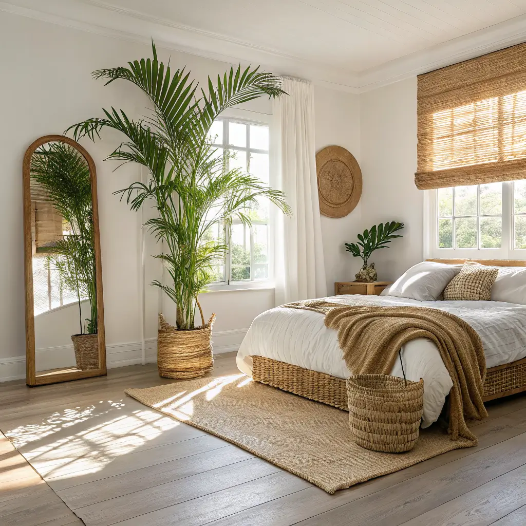 Beachy boho bedroom corner with kentia palm in seagrass basket, arched wood mirror, linen and bamboo window shades, jute rug, and sunlit palm shadows on warm white wall.