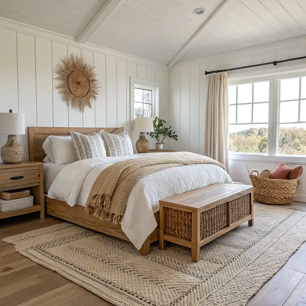Foot-of-bed view of a beachy boho bedroom with a rattan spindle bed, oak-and-cane storage bench, and lidded seagrass basket for extra bedding in warm afternoon light.