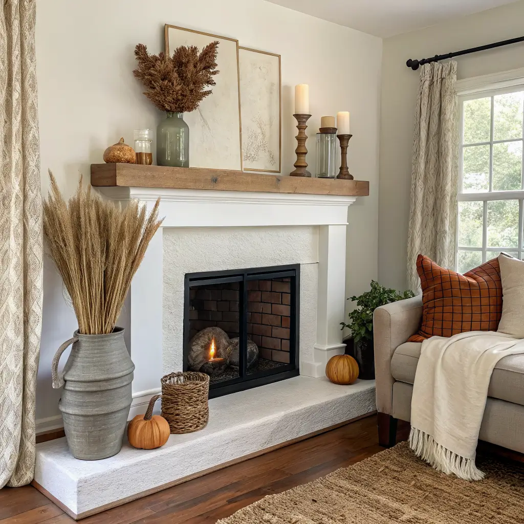 Autumn-styled corner fireplace mantel with white oak shelf, dried wheat in charcoal jug, sage pumpkins, amber candleholders, and linen runner beside a sofa with rust and oatmeal pillows in soft morning light.