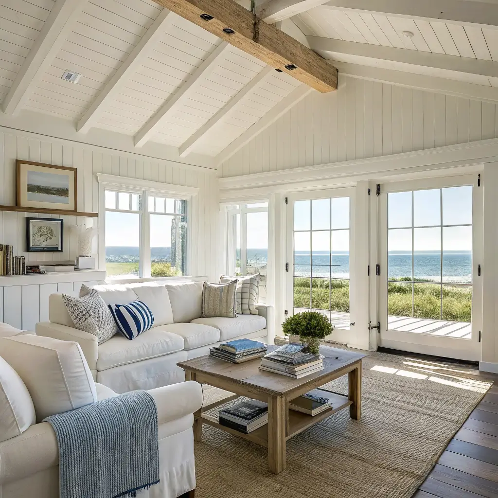 Sunlit coastal farmhouse living room with white shiplap, whitewashed oak floors, ivory slipcovered sofa with sea-glass throw, layered jute and vintage rug, rattan chair, and pine coffee table with books and driftwood.