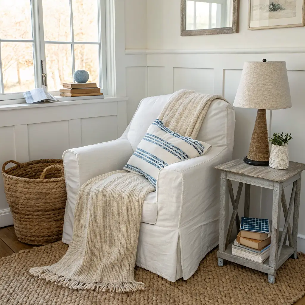 Budget-friendly reading nook refresh at golden hour with linen armchair, layered jute and oatmeal rugs, side table lamp, striped pillows, knit throw, seagrass basket, and paint cans tucked behind.