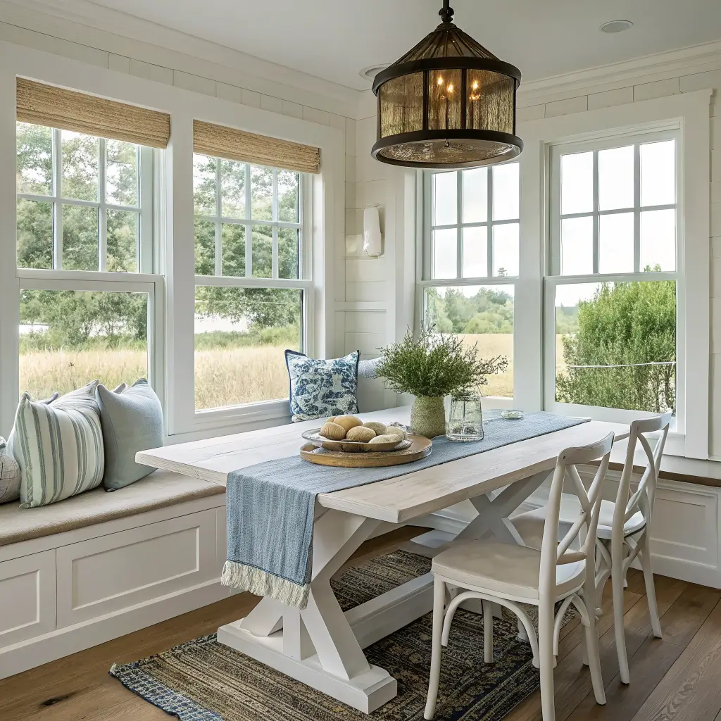 Coastal farmhouse dining nook with white walls, black-trimmed windows, a whitewashed pedestal table with blue runner, dried beach grass in a pitcher, sea-glass bottles, oak cross-back chairs, striped pillow, and jute rug in soft late-morning light.
