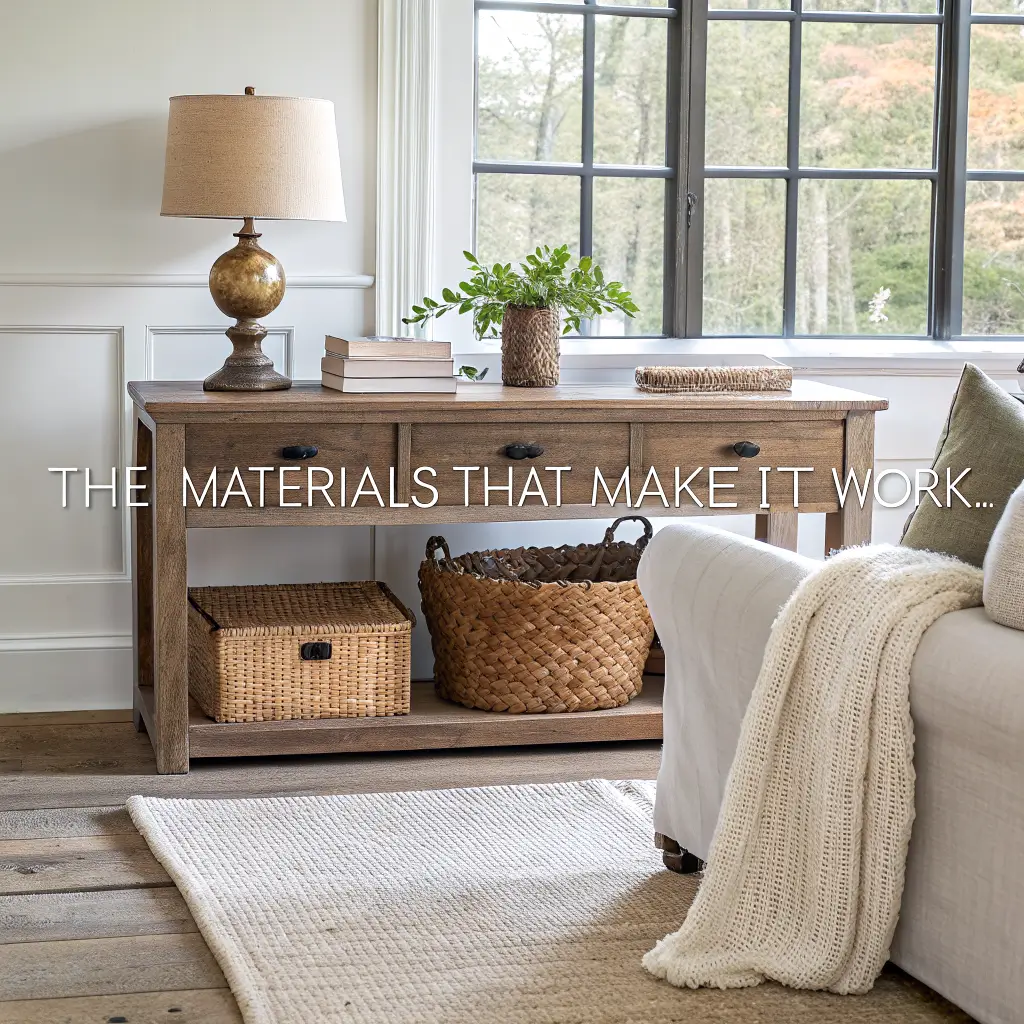 Close-up of a weathered pine console with rattan tray, cream knit throw, brass lamp, driftwood, layered jute and linen runners, and a seagrass basket in soft afternoon light.