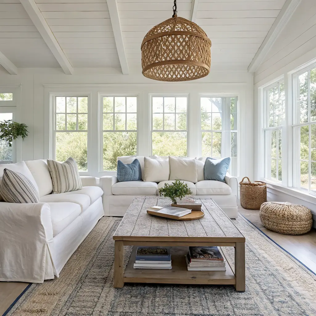 Wide coastal farmhouse living room with ivory slipcovered sofa on layered jute and Turkish rugs, whitewashed oak coffee table, oversized rattan pendant, and sunlit black-framed windows.