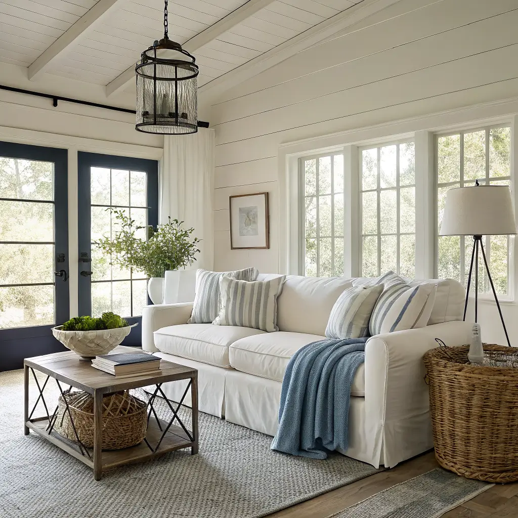 Styled living room at golden hour with ivory slipcovered sofa and layered cream, striped, and sea-glass pillows, chunky knit and blue-white throws, jute and wool layered rugs, and a whitewashed coffee table with rattan tray holding a wood bowl, sea-glass bottle, and trailing pothos, lit by window light, brass lamp, and woven pendant.