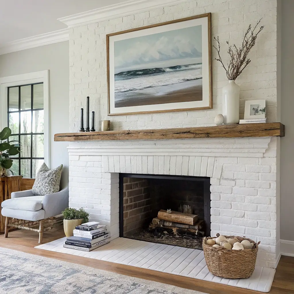 Minimal coastal mantel with driftwood and shells on a whitewashed brick fireplace, abstract seascape above, in soft morning light.
