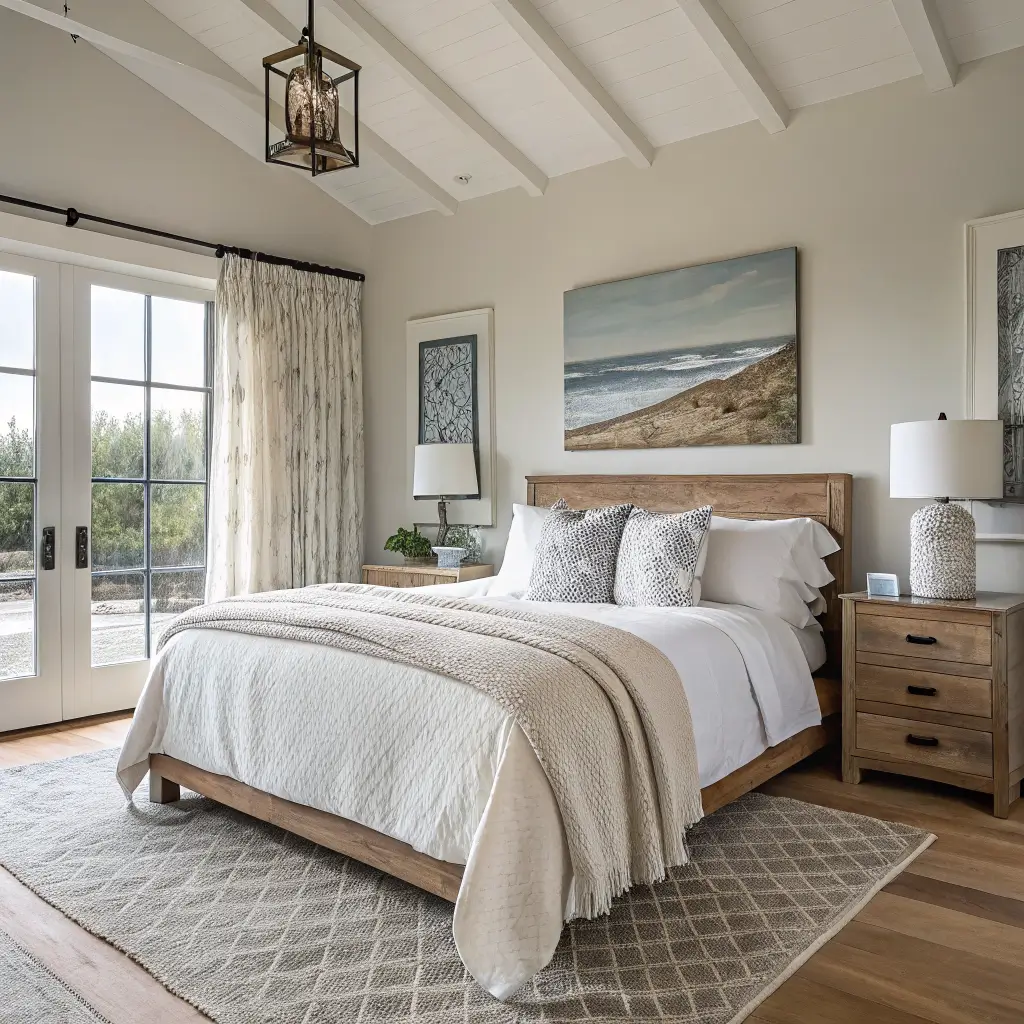 Symmetrical coastal farmhouse bedroom at dawn with weathered oak bed, crumpled white and oat linen bedding, chunky knit throw, whitewashed nightstands with ceramic lamps, jute rug, sheer curtains, and a foggy abstract print above the bed.