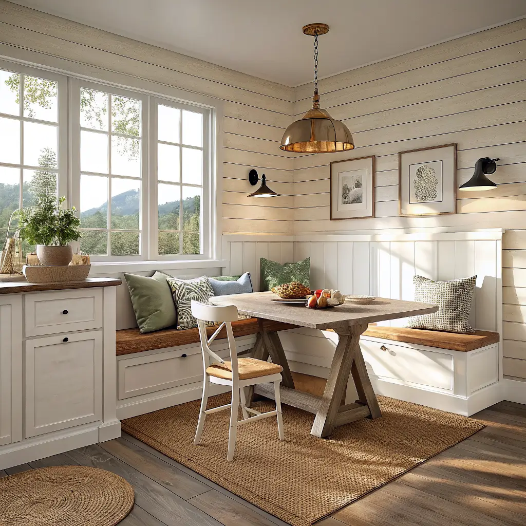 Sunlit eat-in kitchen corner with cream-painted L-shaped bench nook, walnut table, oatmeal linen cushions, sage and terracotta pillows, brass pendant, and jute rug.
