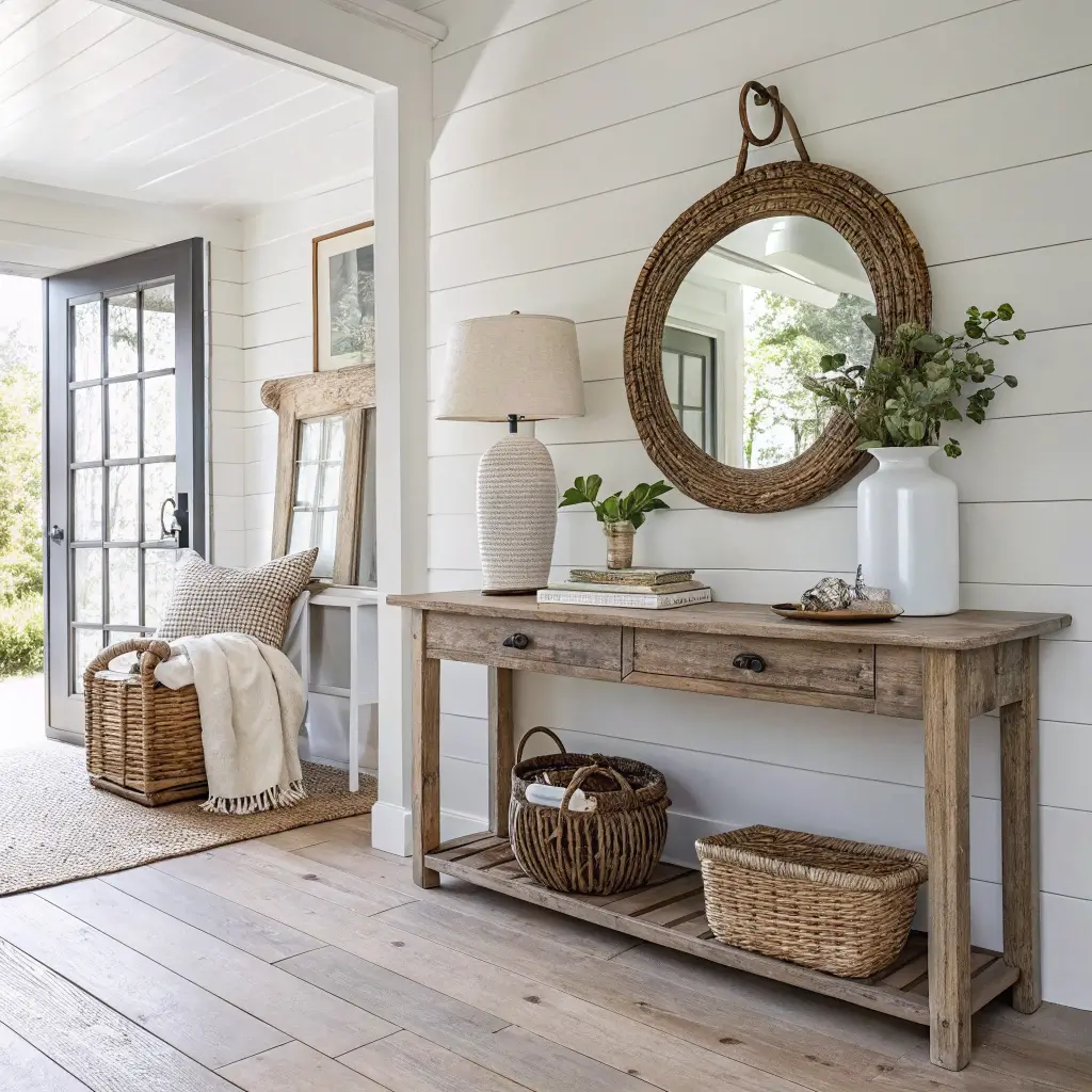 Coastal farmhouse entryway with warm white walls, console table, round mirror, ceramic lamp, seagrass basket of shoes, bronze hooks with tote and straw hat, and jute runner in bright daylight.