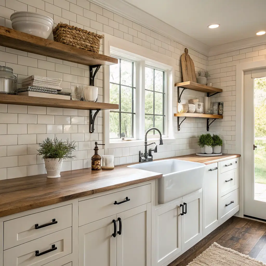 Coastal farmhouse kitchen in warm morning light with white shaker cabinets, oak floating shelves with minimal decor, farmhouse sink, rattan pendant over butcher block island, and subway tile backsplash.