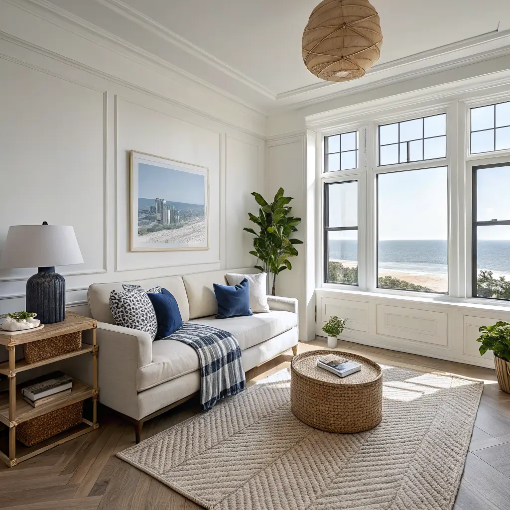 Photorealistic coastal-style studio apartment with tall windows, oatmeal sofa, layered jute and cream rugs, driftwood coffee table with olive branches, and soft morning light.