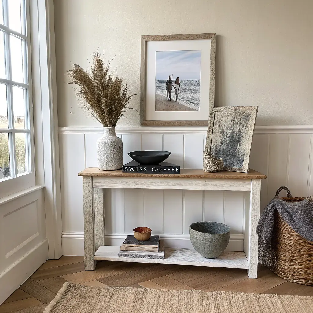 Photorealistic coastal living room corner with whitewashed pine console table holding an oatmeal runner, white vase with dried grasses, wave photo, terracotta pot, driftwood bowl of stones, and denim-blue book in soft window light.