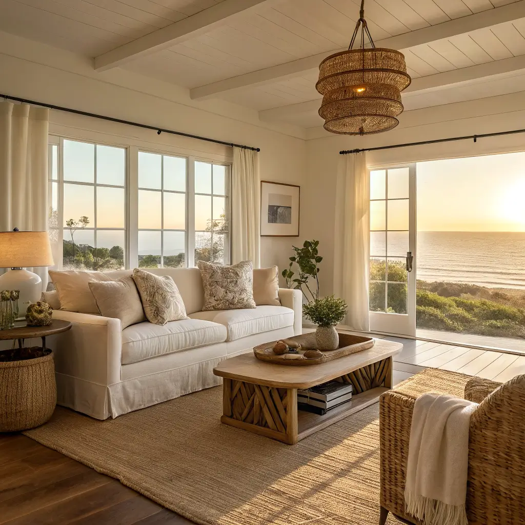 Photorealistic coastal rental living room with beige slipcovered sofa on layered jute and cotton rugs, light oak oval coffee table, rattan chair, tall white linen curtains, and warm late-afternoon sun through west-facing windows.