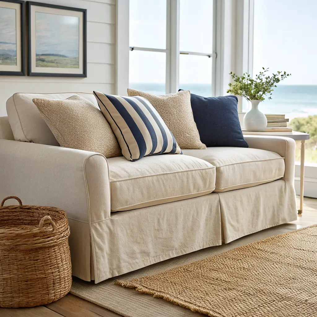 Close-up of oatmeal linen sofa arm with stacked striped and textured pillows beside layered jute and cotton rugs, seagrass basket with rolled throw, and matte white vase in soft coastal daylight.