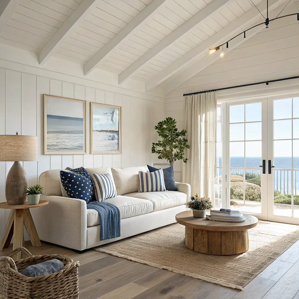 Photorealistic coastal apartment living room with warm white walls, light oak floors, beige slipcovered sofa with blue pillows, light wood coffee table, and a framed seascape above, lit by midday daylight through a large window with white linen curtains.