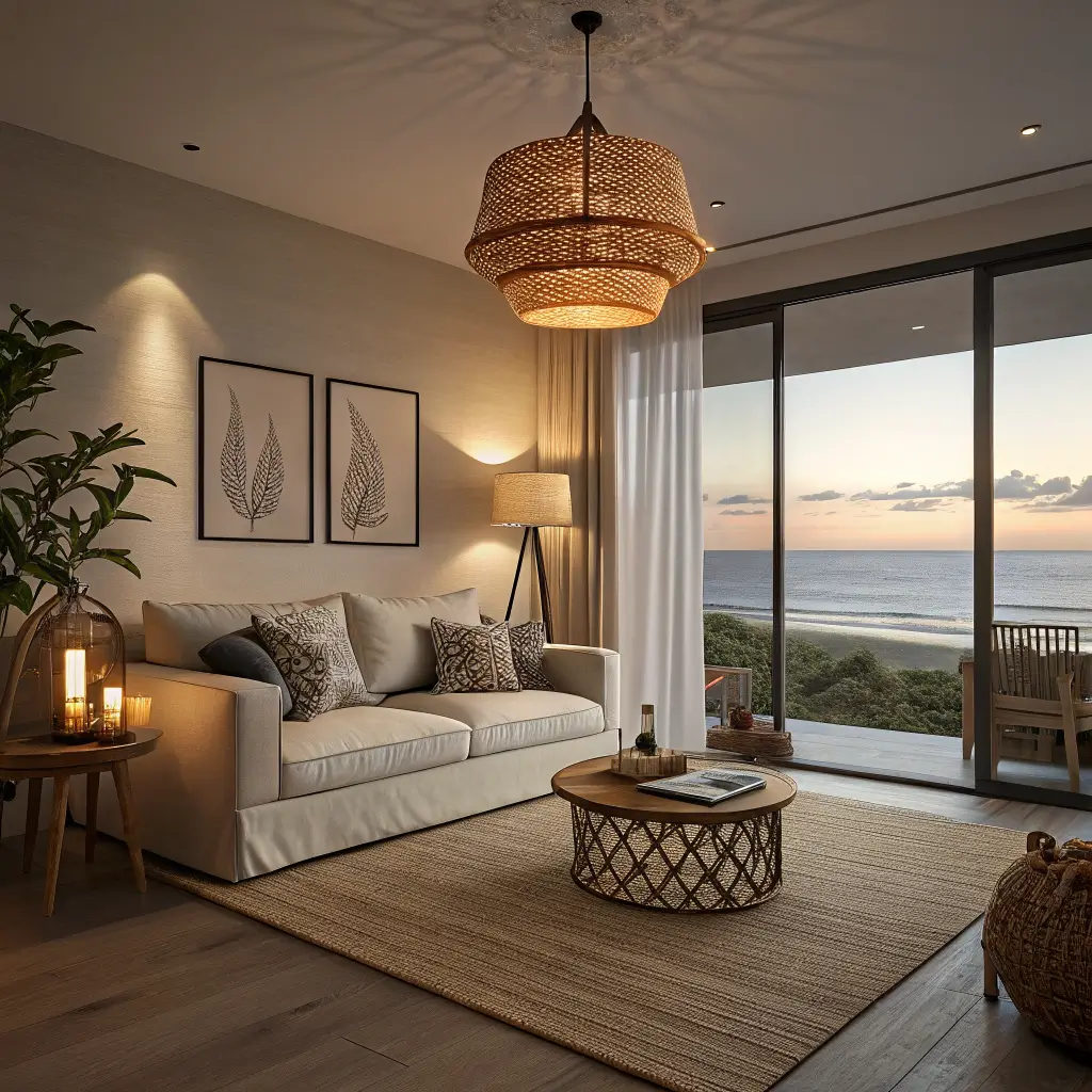 Coastal apartment living room at dusk with warm layered lighting: rattan pendant casting patterns over an oatmeal sofa, floor and table lamps, candle on coffee table, jute rug, and backlit white curtains.