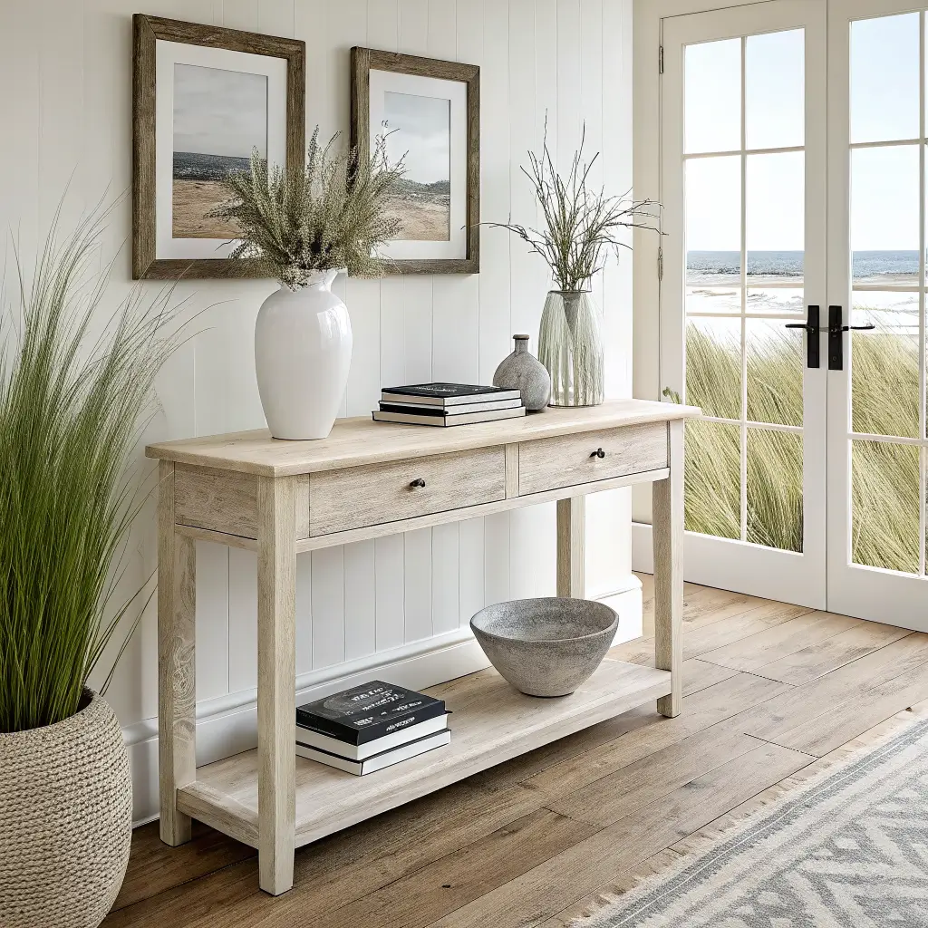 Coastal apartment console table styled with three objects—a white vase with eucalyptus, two linen books with a driftwood-gray bowl, and a black-framed dune grass photo—lit by soft morning window light with half the surface left empty.