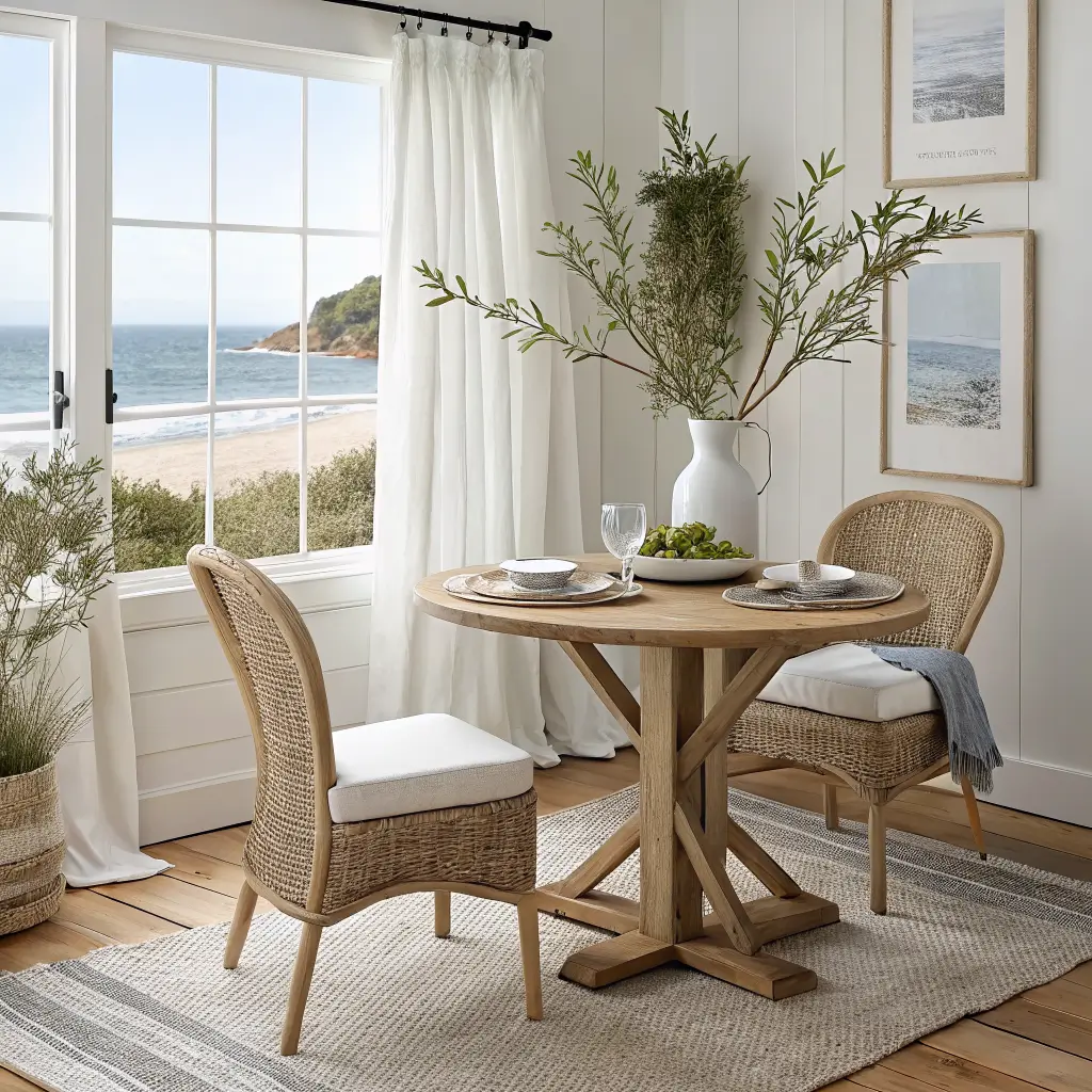 Coastal studio dining nook with round light oak table, two rattan chairs, eucalyptus in a clear vase, white pitcher, linen napkins, denim-blue throw, and jute rug in bright filtered daylight.