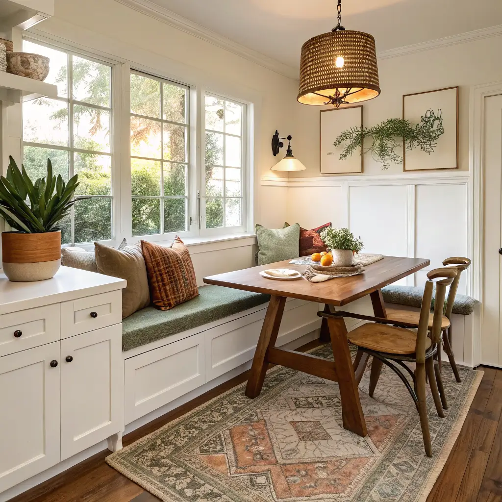 Photorealistic wide-angle view of a small kitchen corner dining nook with a cream L-shaped bench, walnut table, pine bench, oatmeal and sage cushions, terracotta lumbar pillow, brass pendant, and flat-weave rug in warm golden-hour light.