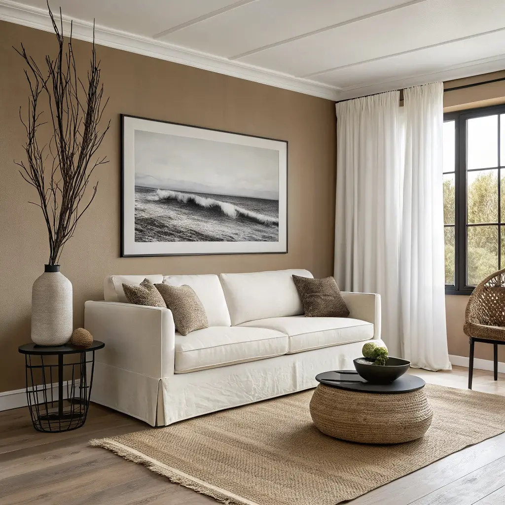 Photorealistic Scandi-coastal studio with Swiss Coffee walls, light oak floors, oatmeal sofa under a black-framed abstract seascape, jute rug, bare round oak coffee table with one charcoal bowl, white linen curtains, and a tall white vase with a single branch.