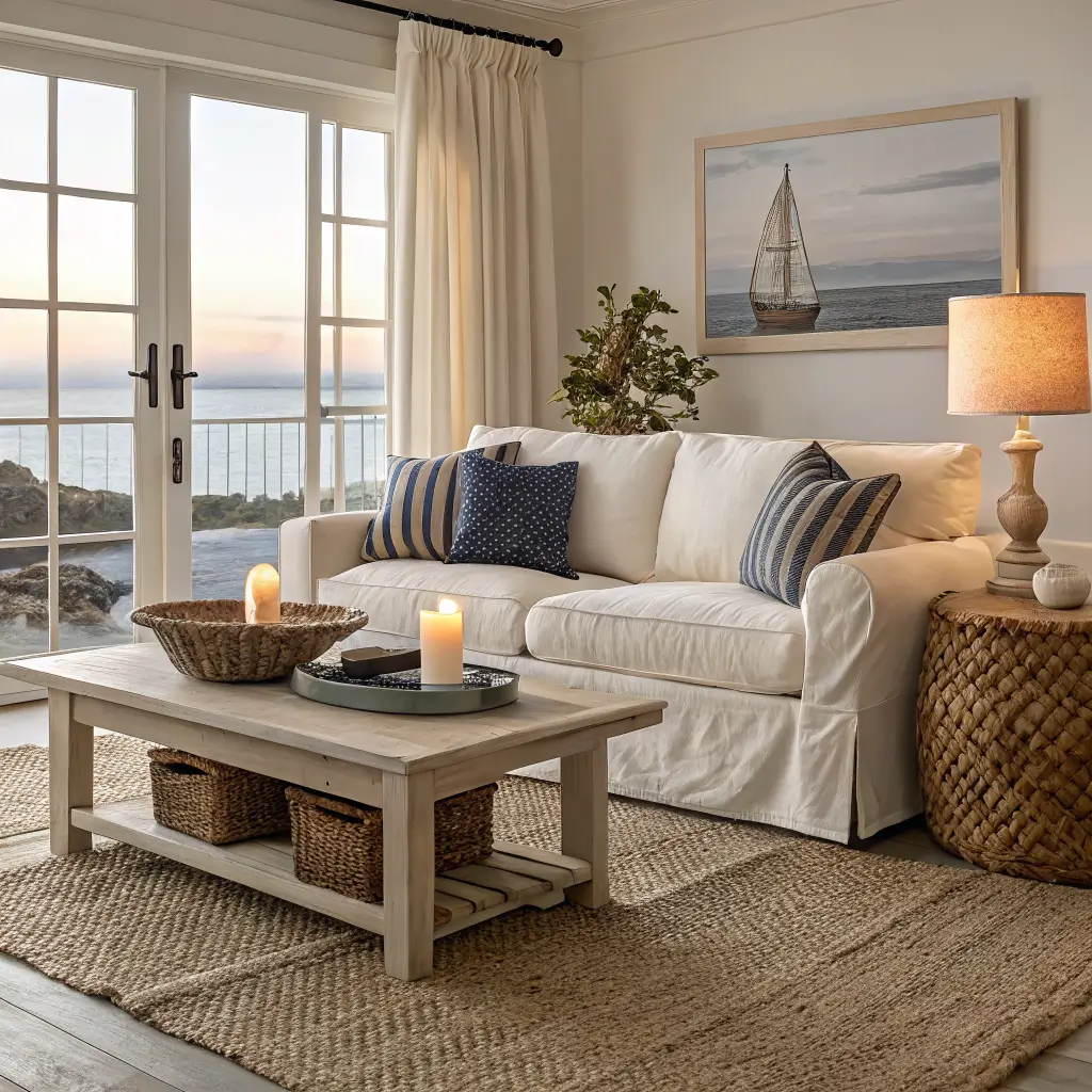 Cozy coastal living room in late-afternoon light with an oatmeal slipcovered sofa, jute rug, light oak coffee table, charcoal throw, camel knit pillow, lit cedar candle, and a small seagrass pumpkin in a driftwood-gray bowl.