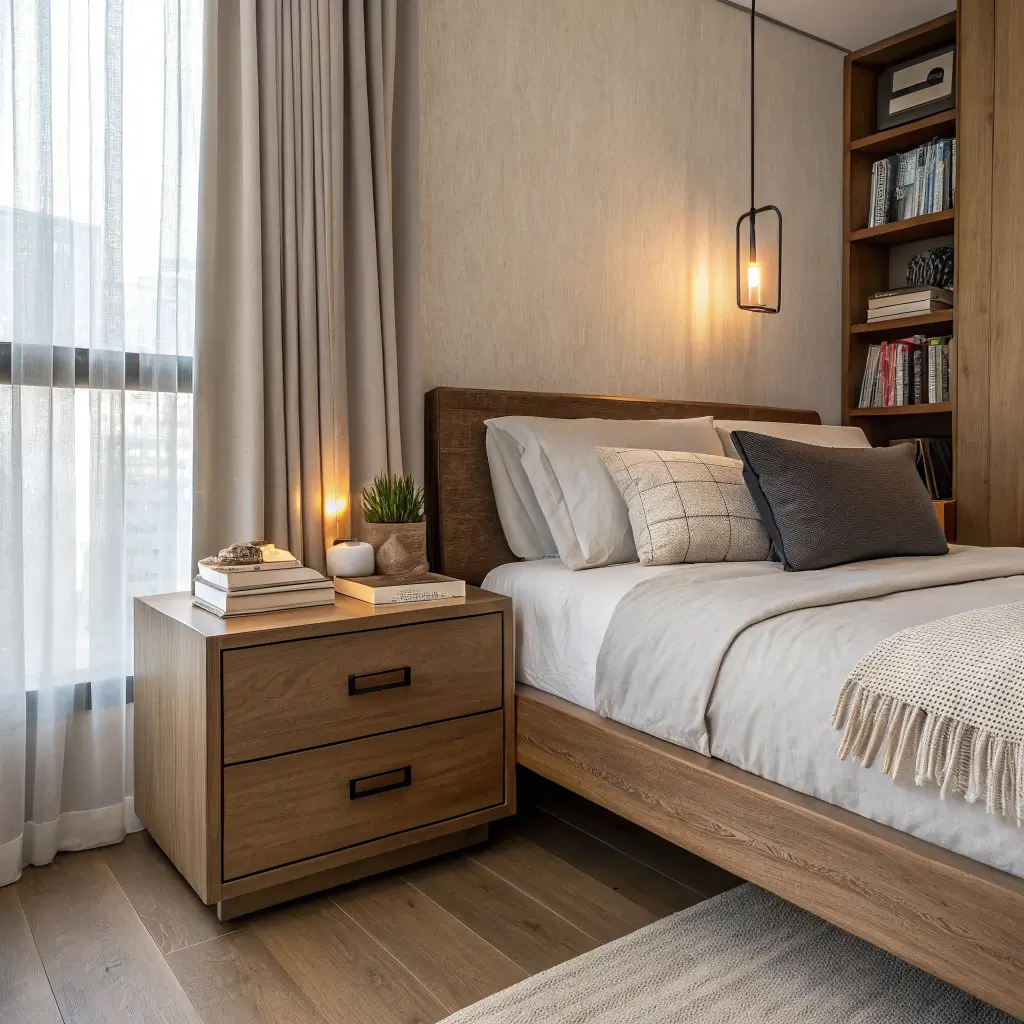 Photorealistic compact urban bedroom corner with a light oak queen platform bed, linen curtains, floating walnut nightstand with lamp and books, brass sconce, and warm greige walls in soft morning light.