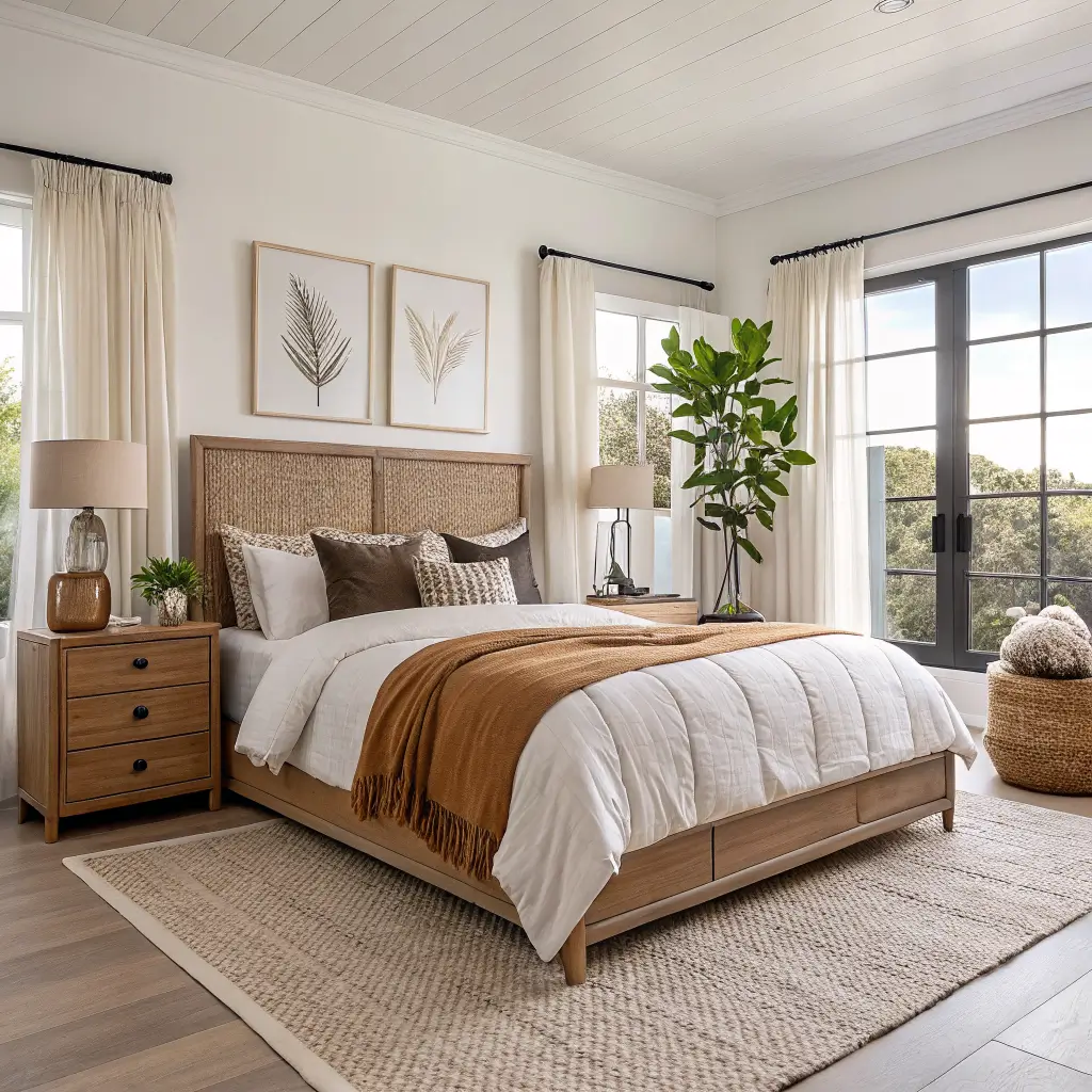 Photorealistic renter-friendly bedroom with a centered queen bed and oatmeal bouclé headboard, rattan nightstands, warm taupe bedding, oak mirror, refinished Malm dresser, sand wool rug, and an olive tree by a gauzy linen window.