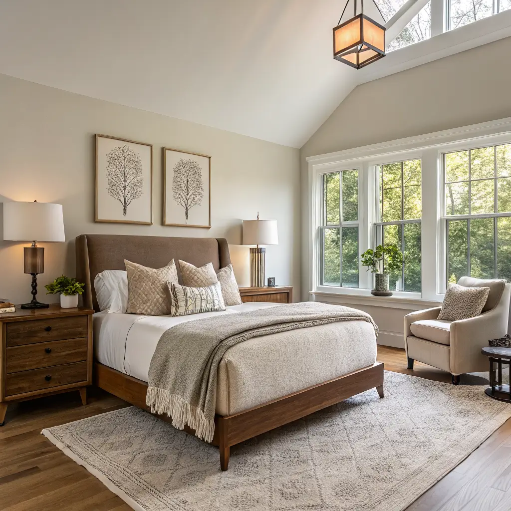 Photorealistic primary bedroom with taupe accent wall, low walnut platform bed in cream linen, sage shams, walnut nightstands with bronze lamps, and a cream bouclé reading nook in warm late-morning light.