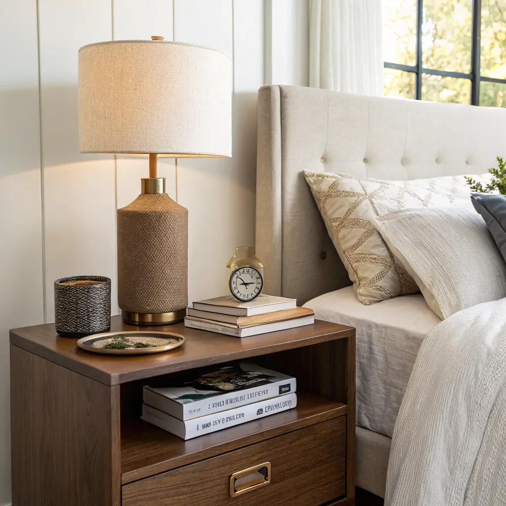 Close-up of a walnut round nightstand and bed corner with a ribbed white lamp, two clothbound books, and a black tray holding a brass watch beneath a brass wall sconce in soft afternoon light.