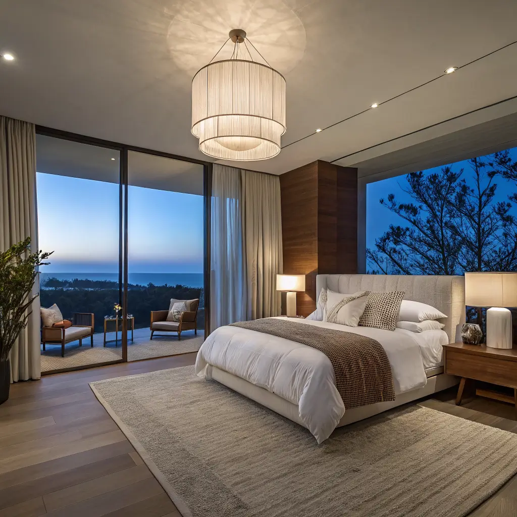 Photorealistic modern bedroom at dusk with layered warm lighting: glowing linen pendant, two ceramic bedside lamps, bronze arc floor lamp, and LED headboard halo over creamy bedding and oak floors.
