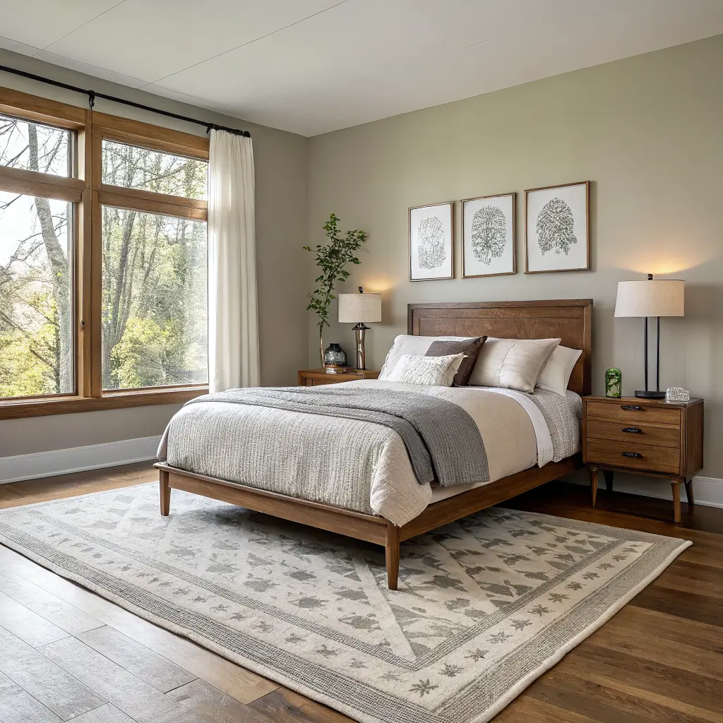 Photorealistic symmetrical bedroom with light oak slat queen bed on a greige feature wall, properly sized 8x10 wool rug under the bed, walnut nightstands with brass lamps, and soft daylight from a side window.