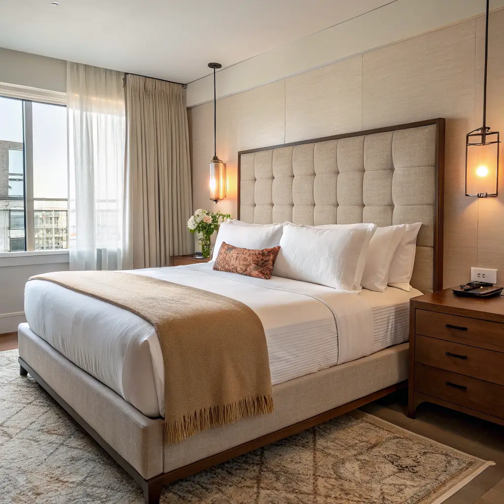 Photorealistic modern bedroom bed with crisp white linens, taupe duvet folded back, oatmeal bouclé headboard, knit throw, and walnut nightstand with brass lamp in warm window light.