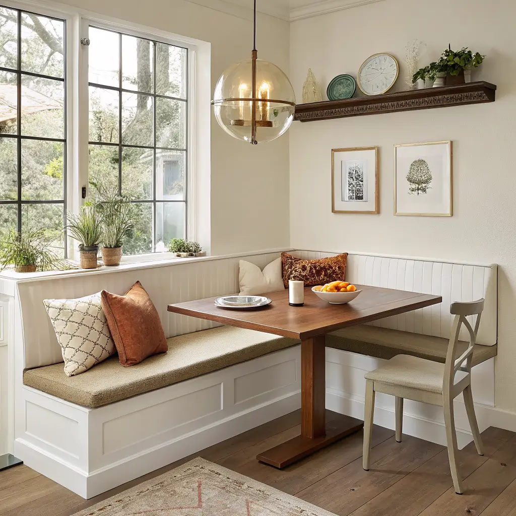 Photorealistic corner breakfast-room banquette illusion with cream bench, walnut table, oatmeal lumbar and sage and terracotta pillows, floating walnut shelf, and glowing brass globe pendant in warm mid-morning light.