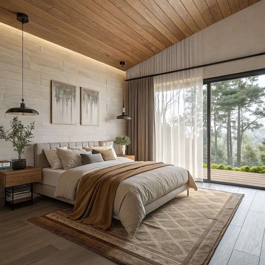 Modern bedroom with ceiling-height linen curtains and subtle blackout layer framing a sunlit window, light oak bed, taupe bedding, walnut nightstand, and olive tree by the window.