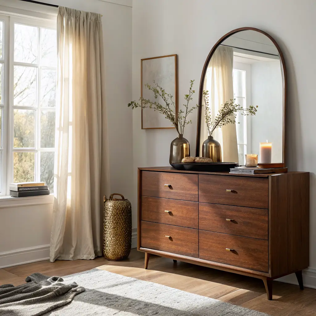 Photorealistic winter-styled walnut dresser vignette with arched oak mirror, black tray with brass dish, ribbed vase of dried eucalyptus, glowing beeswax candle, and burgundy throw on a nearby bed in warm late-afternoon light.