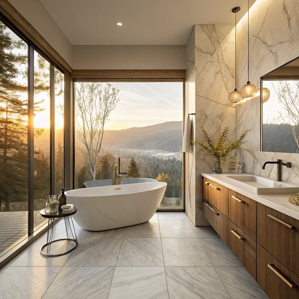 Photorealistic modern luxury bathroom with freestanding oval tub before a book-matched Calacatta quartzite wall, walnut floating vanity with brushed brass fixtures, warm golden-hour light through frosted window, and greige large-format tile floor.