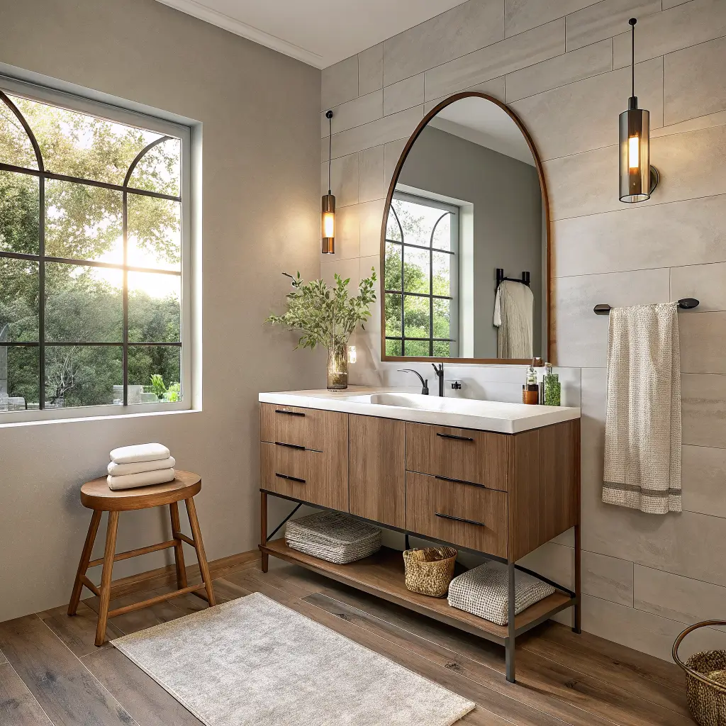 Photorealistic small bathroom vanity wall with greige walls, arched frameless mirror, floating walnut vanity, brushed brass faucet, travertine tray with amber soap and eucalyptus, folded Turkish towels on an oak stool, and soft taupe tile floor in warm afternoon light.