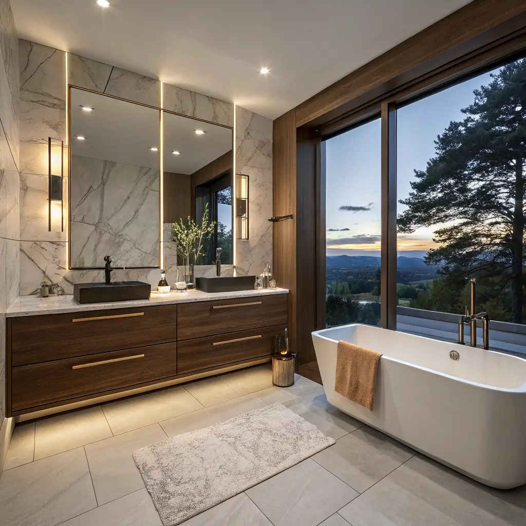 Photorealistic modern luxury bathroom at twilight with book-matched Calacatta quartzite wall, walnut floating vanity, charcoal soapstone top, brushed brass fixtures, and warm greige large-format porcelain floor, plus material samples and folded towels.