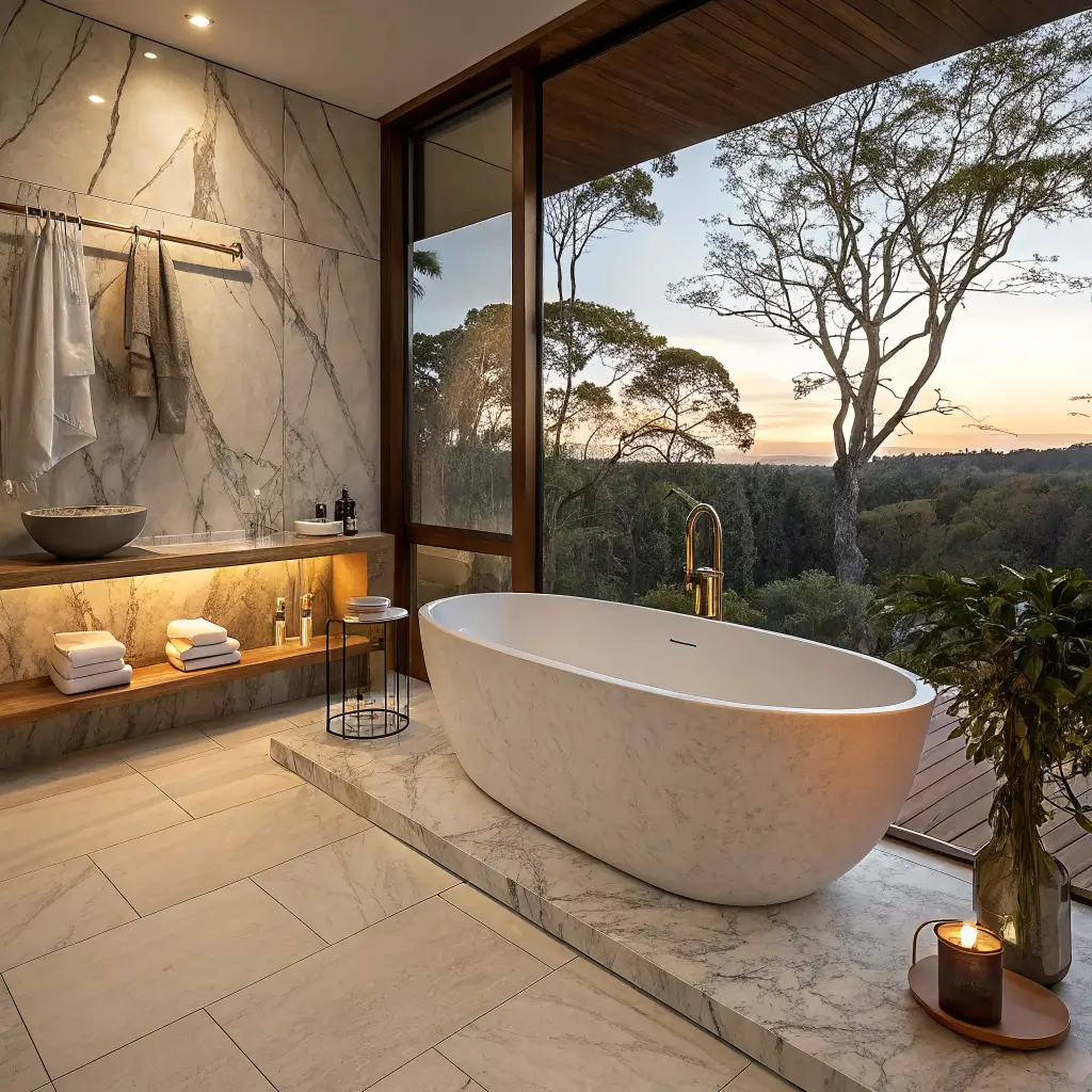 Photorealistic modern luxury bath with matte oval stone tub centered on Calacatta quartzite wall, brushed brass floor-mounted filler, walnut shelf with towels, candle and eucalyptus, warm golden-hour lighting.
