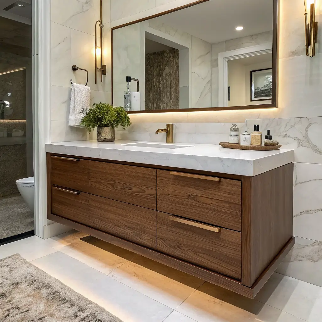 Close-up of a floating walnut vanity in a modern luxury bathroom with warm LED underglow, Calacatta-style quartzite counter, brass fixtures, and a backlit mirror in soft morning light.