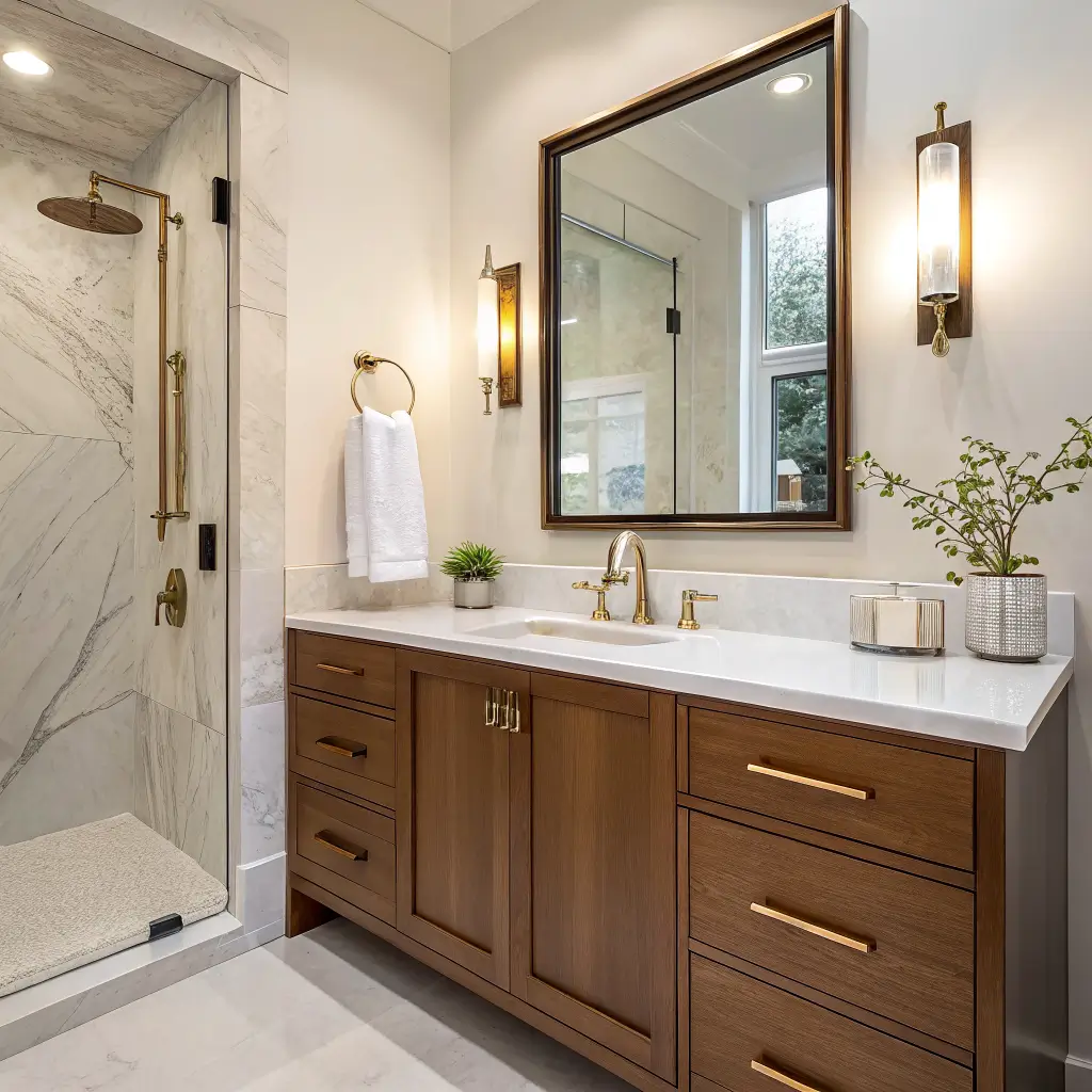 Close-up of a modern luxury bathroom with brushed brass fixtures, walnut vanity pulls, brass-framed backlit mirror, Turkish towel on a brass bar, and Calacatta quartzite countertop in soft afternoon light.
