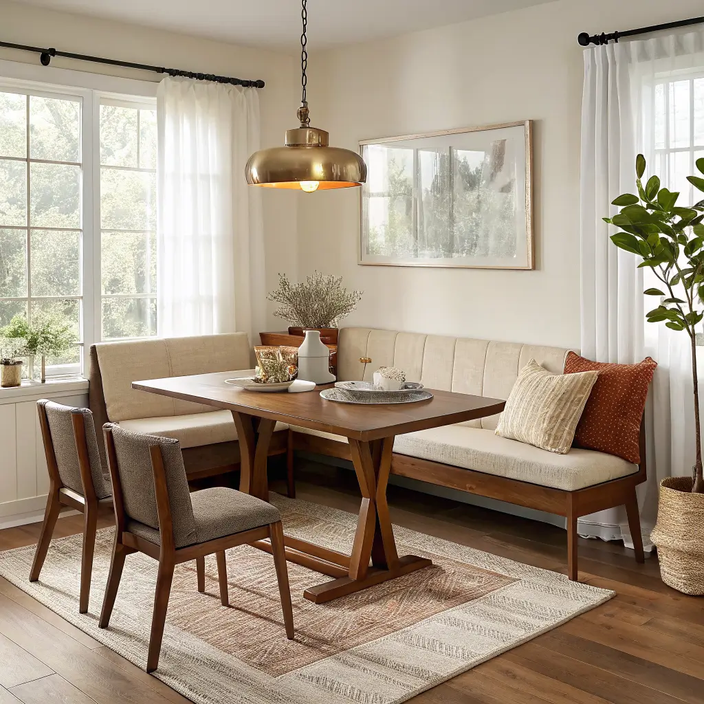 Sunlit mid-century modern kitchen corner dining nook with walnut bench and table, oatmeal upholstery, brass sputnik pendant, sage and terracotta pillows, cream rug, and large abstract earth-tone painting.