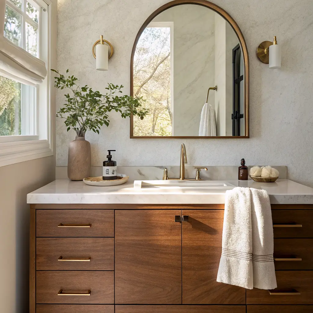 Photorealistic luxury bathroom vanity vignette with walnut floating vanity, quartzite top, travertine tray, frosted soap dispenser, bud vase with eucalyptus, backlit arched mirror, and brass faucet in warm morning light.